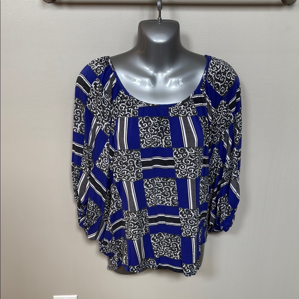 Voom by Joy Han Blue Blouse with Boxy Relaxed Fit and Three Quarter Sleeves